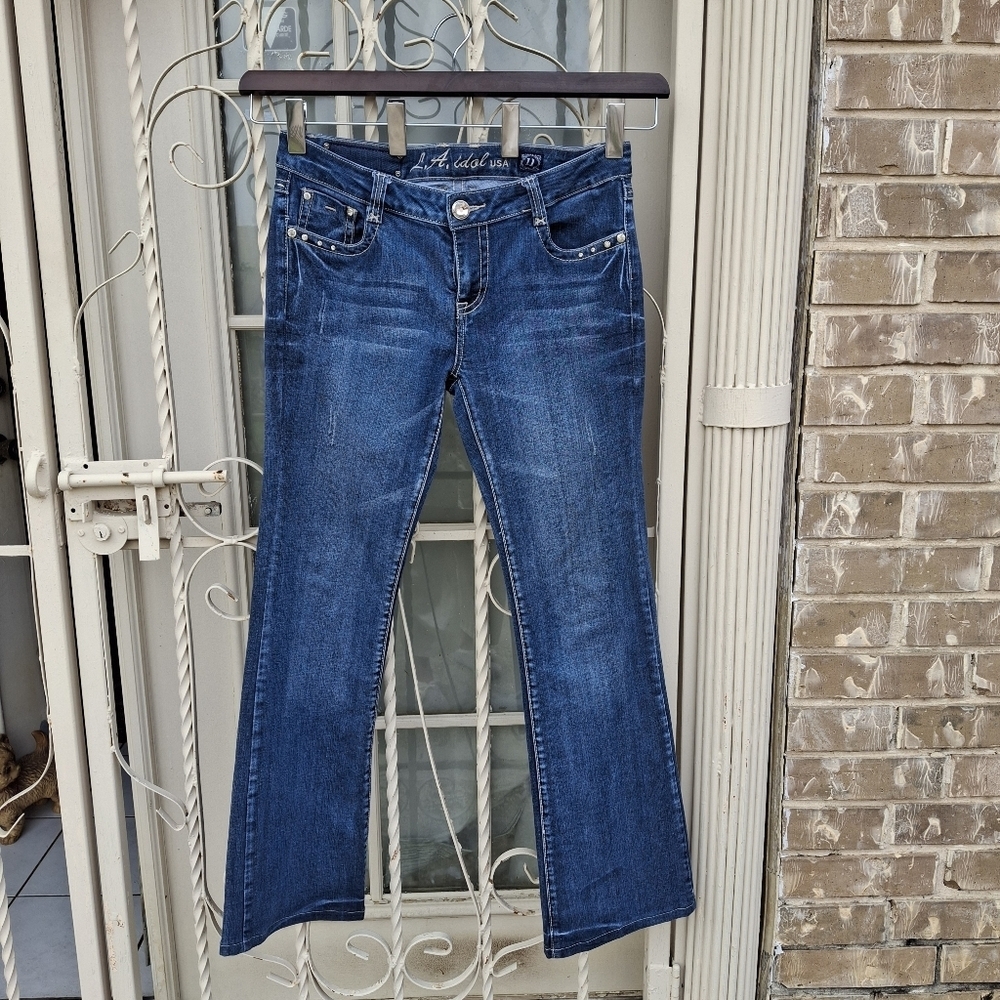 LA Idol USA Embellished Denim Stretch Blue Bootleg Jeans    Size 11 (W33 L34) - Picture 7 of 16